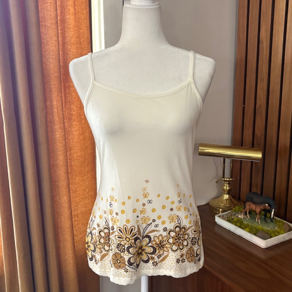 Cream Floral Butterfly Graphic Camisole Spaghetti Strap Tank Top Brown Yellow